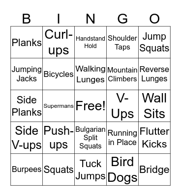 Body Weight Exercises Bingo Card