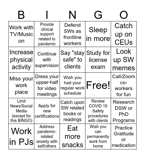 Social "Working" from Home Bingo Card