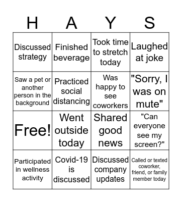 Remote Workplace Bingo Card