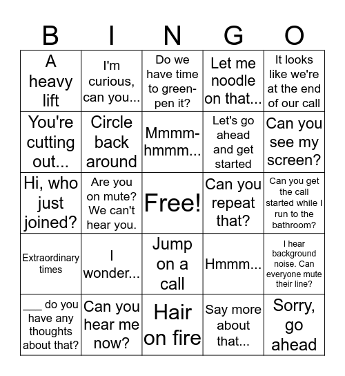 National START Conference Call BINGO Card