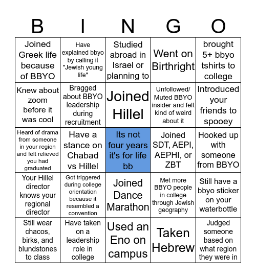 BBYO Grad Bingo Board Bingo Card