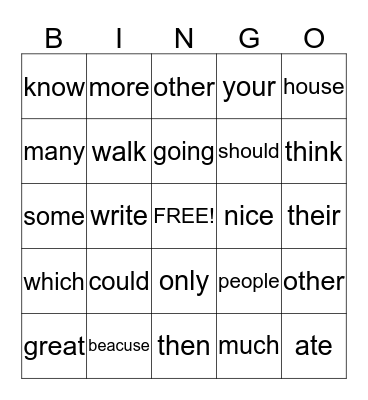 Sight Words Bingo Card