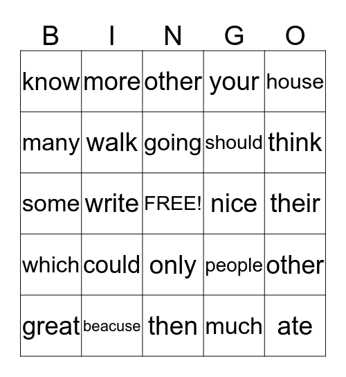 Sight Words Bingo Card