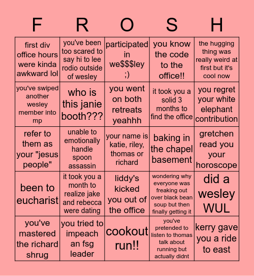 wesley freshman bingo Card