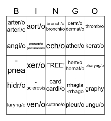 Medical Terminology Bingo Card