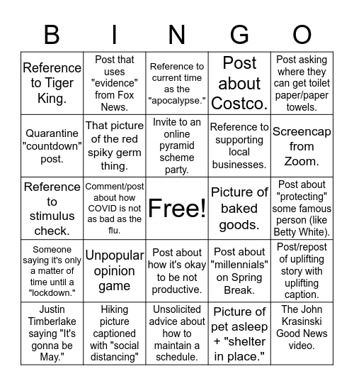 Social Media Quarantine Bingo Card