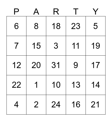 THIRTY-ONE PARTY  Bingo Card