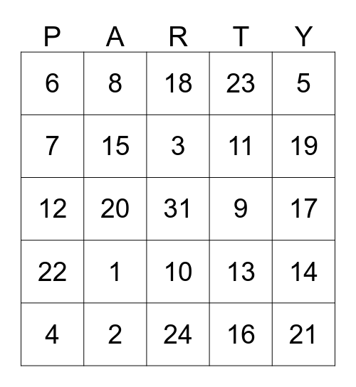THIRTY-ONE PARTY  Bingo Card