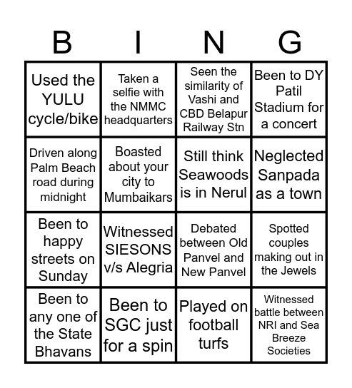 Navi Mumbai Bingo Card