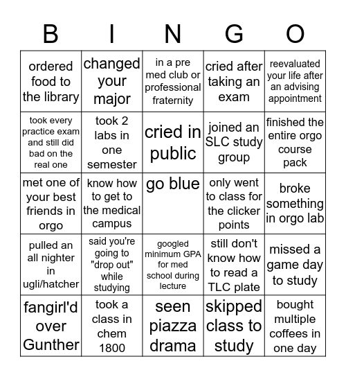 UMICH Pre Med Bingo Card