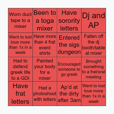 Western Greek Life Bingo Card