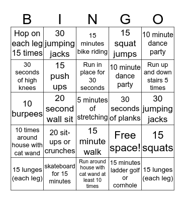 Fitness Bingo Card
