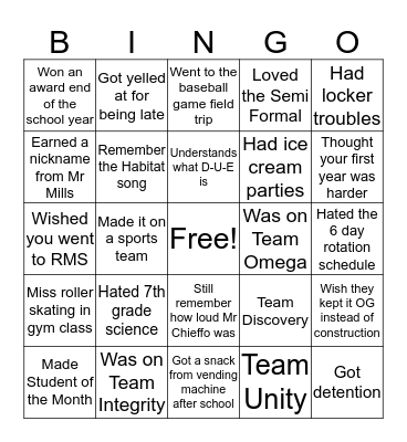 Holland Middle Bingo Card