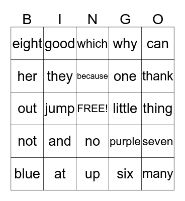 Sight Words Bingo Card