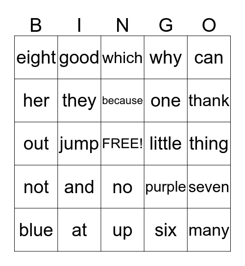 Sight Words Bingo Card