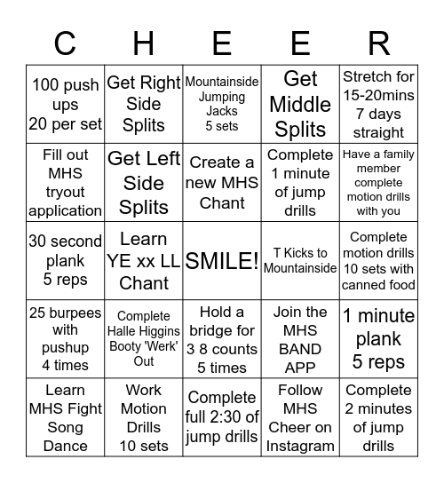 Mountainside Cheer BINGO Card