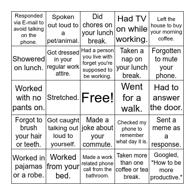 Working From Home Bingo Card