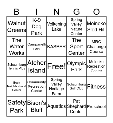 Schaumburg Park District Bingo Card