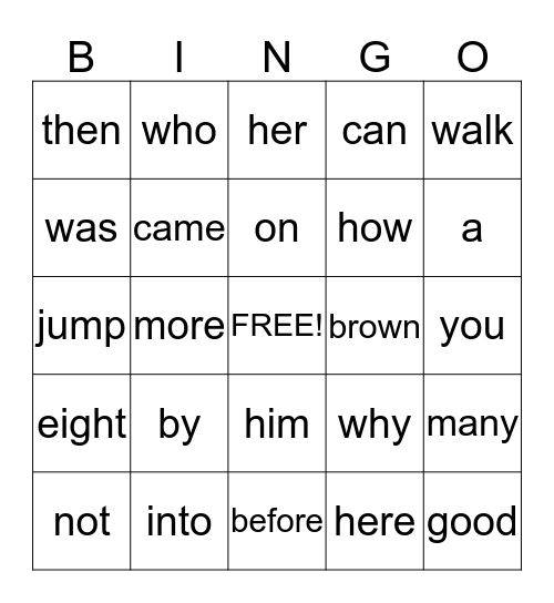 Sight Words Bingo Card