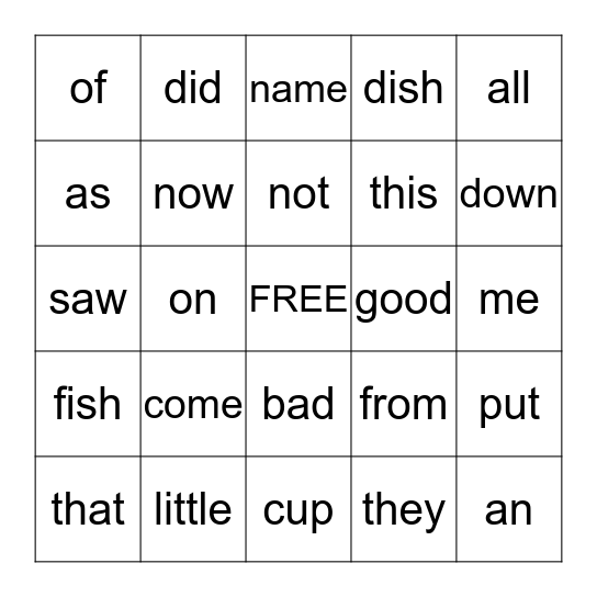 SIGHT WORD BINGO Card