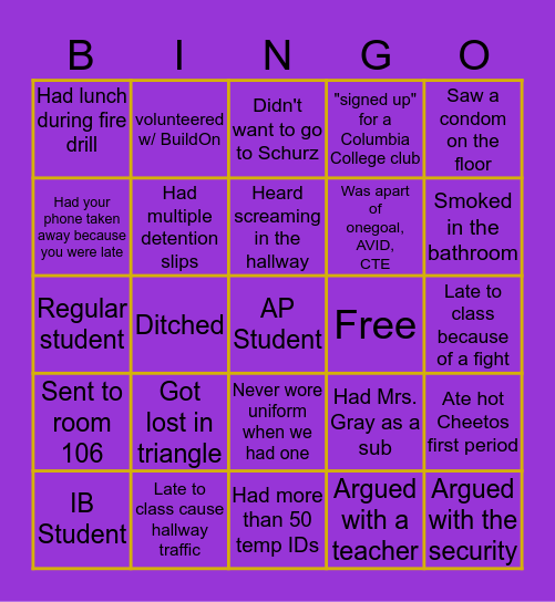 Schurz High School Bingo Card