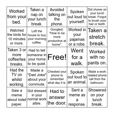 Working From Home Bingo Card