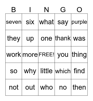 Sight Words Bingo Card