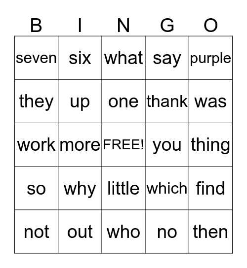 Sight Words Bingo Card