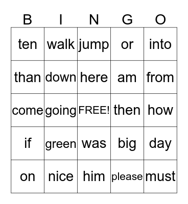 Sight Words Bingo Card