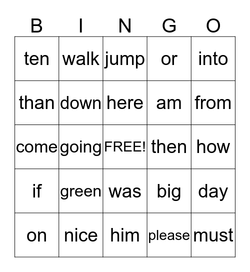 Sight Words Bingo Card