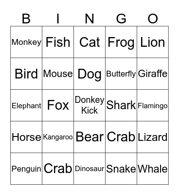 Animal Movements Bingo Card