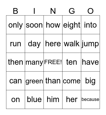 Sight Words Bingo Card