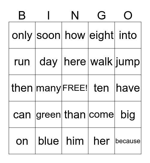 Sight Words Bingo Card