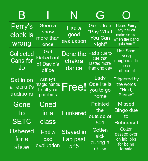 Greensboro College Theatre Bingo Card