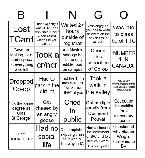 UTSC Bingo Card