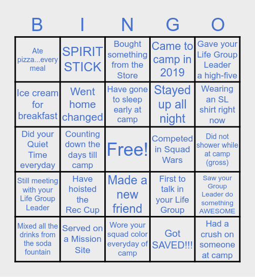 Student Life Camp Bingo Card