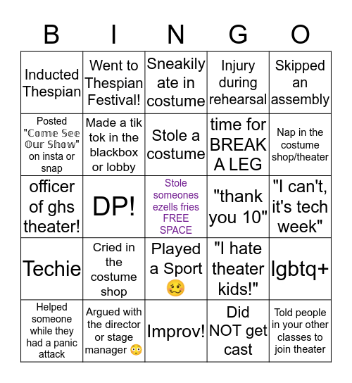 GHS Theater Bingo Card