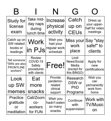 Social "Working" from Home Bingo Card