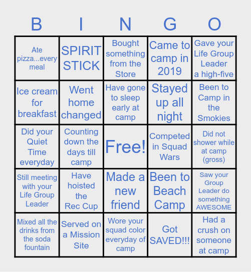 Student Life Camp Bingo Card