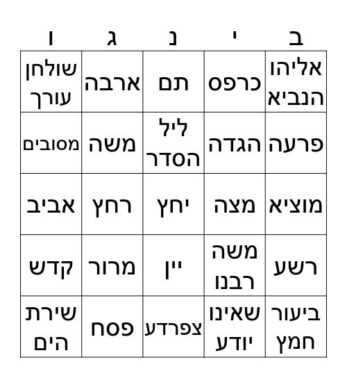 בינגו - פסח Bingo Card