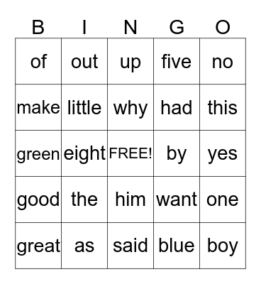 Sight Words Bingo Card