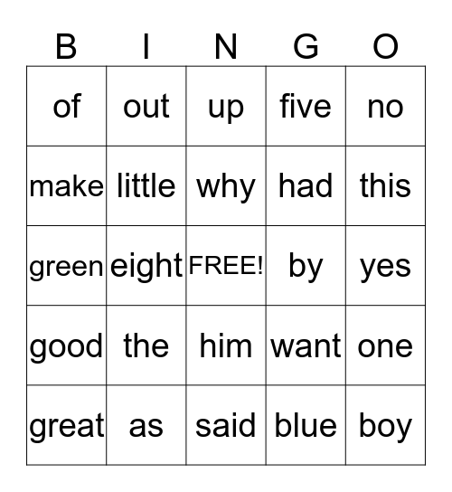 Sight Words Bingo Card