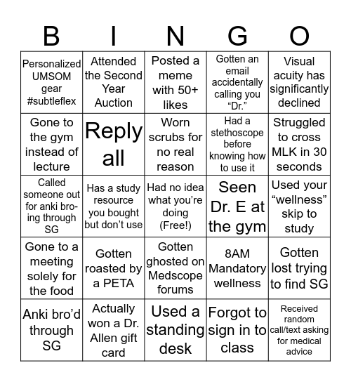 UMSOM Bingo: MSII version Bingo Card