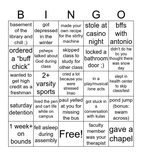 Middlesex Bingo Card