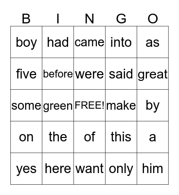 Sight Words Bingo Card