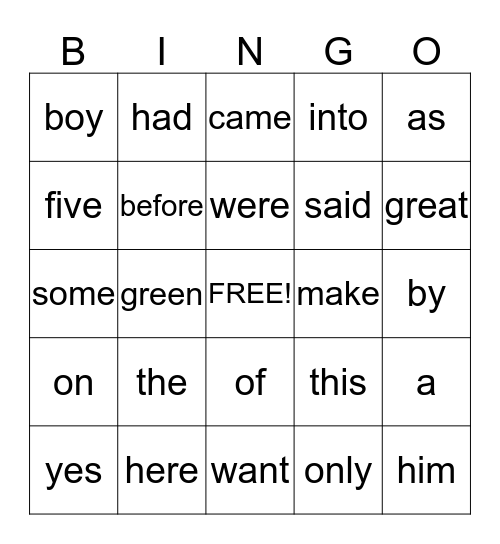Sight Words Bingo Card