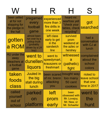 Watchung Hills Bingo Card