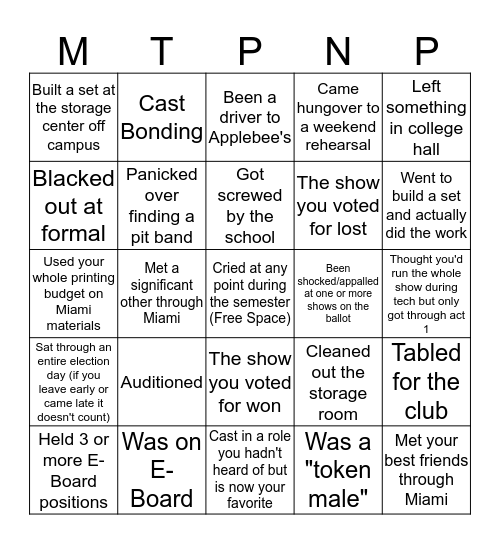 Miami Theatre Players Bingo Card