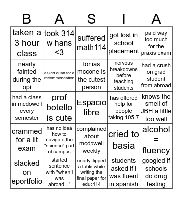 Spanish ed majors!! Bingo Card