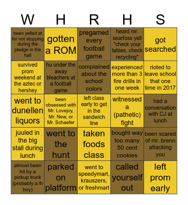 Watchung Hills Bingo Card